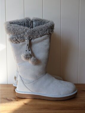 UGG Plumdale Puff Gray Shearling Pom Pom Mid-Calf Boots Women’s Suede 1102932